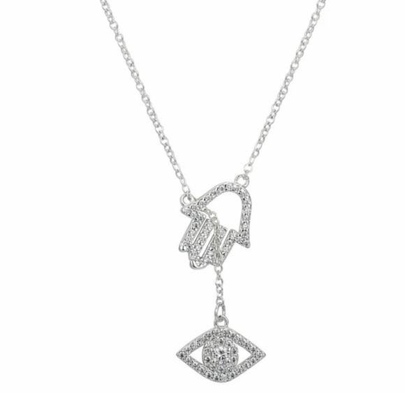 Unwritten Fine Silver Plated Crystal Hamsa Evil Eye Slider Pendant Necklace NWT - Picture 2 of 6